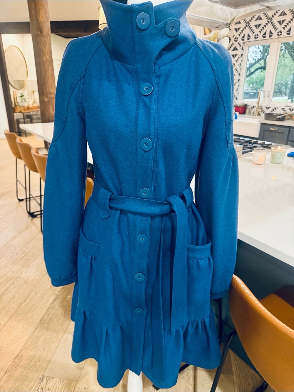 Women's Indigo Blue Belted Button-Front Wool and Viscose Coat Size SM